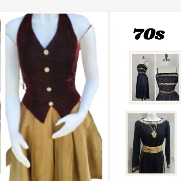 Vintage Dresses & Skirts - Vintage  70's  Golden & velvet halter‎ dress